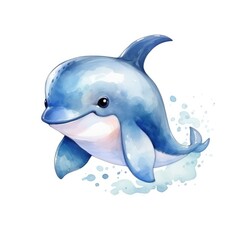 Watercolor of cartoon cute whale, in the style of hyper-detailed illustrations, precision painting, mote kei, detailed character illustrations, isolate white background, photo-realistic