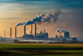 Une usine industrielle dans la campagne avec de la fumée qui sort des cheminées - generative AI - obrazy, fototapety, plakaty