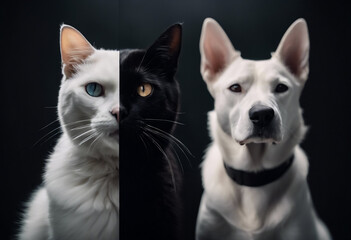 Contrasti Animali- Gatto Nero e Cane Bianco in un Balletto di Eleganza su Sfondo Nero, Alta Risoluzione