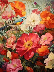 Morning Blooms: A Majestic Dawn Painting of Floral and Bird Combinations
