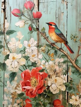 Woodland Art: Floral and Bird Combinations Canvas Print for Rustic Wall Decor