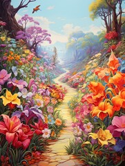 Fototapeta na wymiar Floral and Bird Combinations: Pathway Painting with Flowers along Path, Birds Above