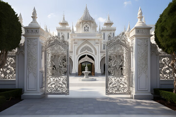 Fototapeta na wymiar Grand Royal Palace Entrance - Embossed Steel Gate Supported By Stone Pillars with Manicured Bonsai Flanking