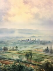 French Countryside Watercolors: Dawn Painting of Morning Mist Over Village