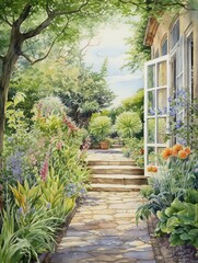 Fototapeta na wymiar Lush Serenity: French Countryside Watercolor Garden Scene Art for Botanical Wall Display