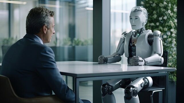 A businessman and a humanoid robot engage in a corporate interview in a sleek, modern meeting room.
