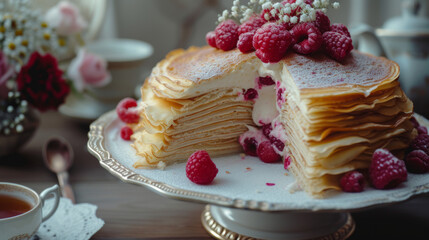 Food photography of a crepe cake for tea time on a table