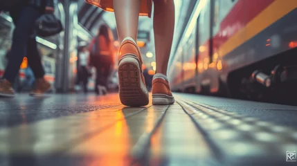 Gordijnen Commuter legs walking next to a suburban train, people taking public transportation between home and work © Keitma