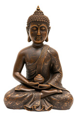 Bronze Buddha Statue in Meditation ,Serene bronze Buddha statue meditating, depicted in intricate detail illustration PNG element cut out transparent isolated on white background ,PNG file.