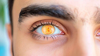 Man eye with gold bitcoin logo reflection. Ai generative illustration
