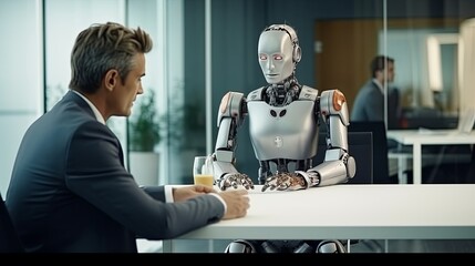 A human-like robot engaging in a corporate interview with a businessman in a contemporary meeting room setting.