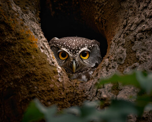 An owl was peeking out from behind a tree warily