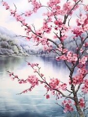 Fototapeta premium Japanese Cherry Blossom Watercolors: Reflections of Blooms in a Lakeview Artwork