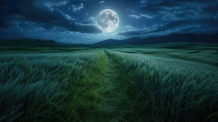 full moon in the middle of the rice fields