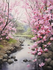 Obraz na płótnie Canvas Japanese Cherry Blossom Watercolors: Riverside Painting of Streamside Petal Drift