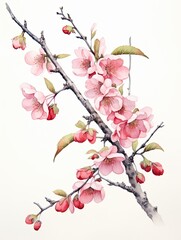 Japanese Cherry Blossom Watercolors: Vintage Painting of Traditional Spring Art