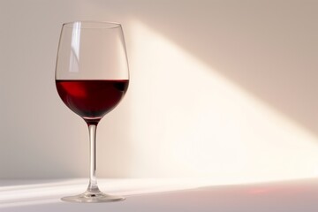 A single glass of red wine against white background in sunlight with space for text