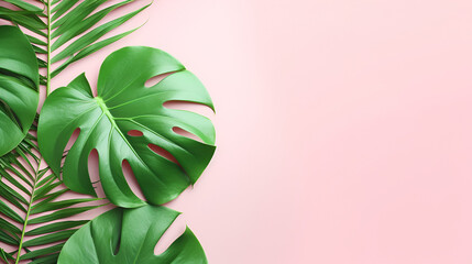 Tropical elegant leaves background, Monstera leaf on pastel color background. palm leaf, real tropical jungle foliage swiss cheese plant,AI generated