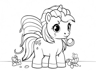 Cute Little Pony Cartoon Coloring Page. Suitable For printable children's, kids and adult coloring page or book