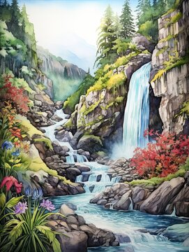Serene Cascades: Majestic Waterfall Landscapes, Watercolor Landscape, Colorful Falls Painting
