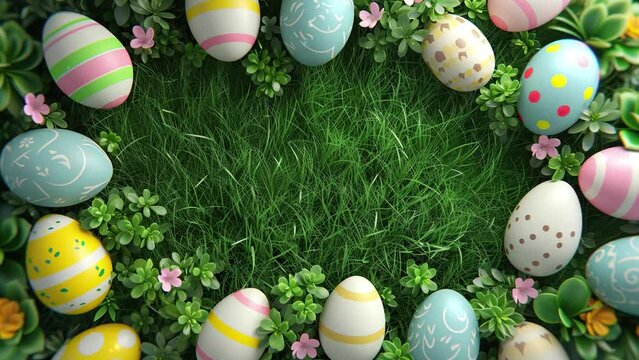 Happy Easter greeting background with Easter eggs. Colorful easter eggs background with copy space area for text. Frame background.