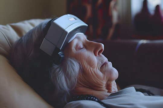 A wearable brain monitoring device being used on a patient at home to track recovery progress and detect any signs of recurrent stroke.