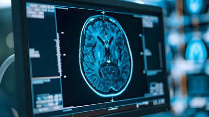 An MRI scan image on a digital screen, showing a detailed view of a brain with stroke patients brain image. 