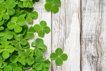 Green four leaf clover on table, rare fourleaf nature spring leaves floral natural grass plant background, good luck shamrock and lucky charm fortune concept, Saint Patricks Day symbol . - obrazy, fototapety, plakaty