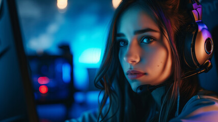 Portrait of a beautiful young woman wearing large gaming headphones