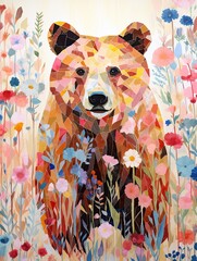 Modern Geometric Animal Designs: Wildflower Bear Abstract Floral Mosaic