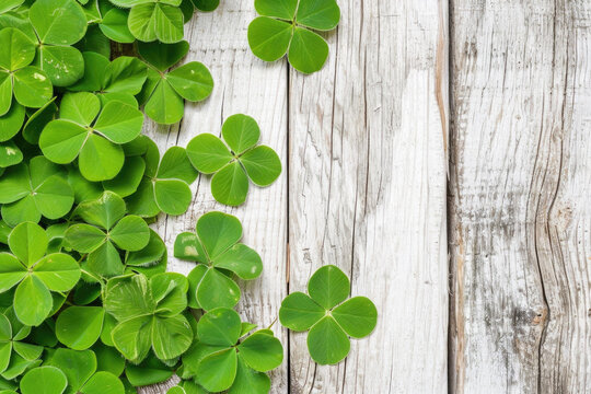 Green four leaf clover on table, rare fourleaf nature spring leaves floral natural grass plant background, good luck shamrock and lucky charm fortune concept, Saint Patricks Day symbol .