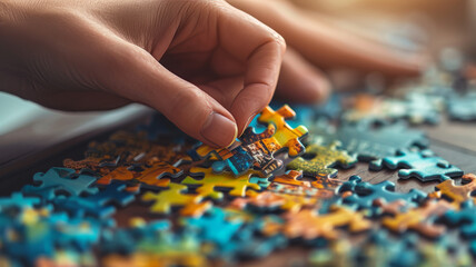 Hands delicately craft a vibrant puzzle in soft light on a comfy table. Serene focus brings out intricate details. The finished image embodies patience and accomplishment.