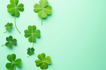 Green four leaf clover on table, rare fourleaf nature spring leaves floral natural grass plant background, good luck shamrock and lucky charm fortune concept, Saint Patricks Day symbol .