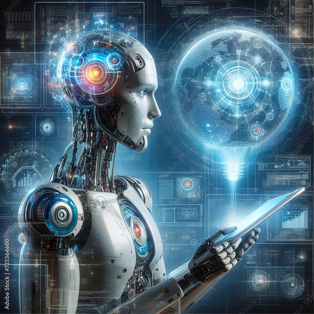Aufkleber 3d rendering humanoid robot with tablet pc in hand on digital background