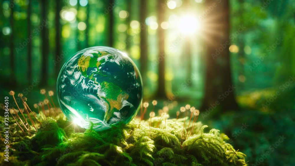 Poster globe in the forest. conceptual image of environment conservation.