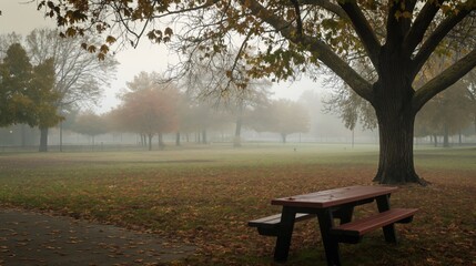 Fototapeta na wymiar Park on a foggy day