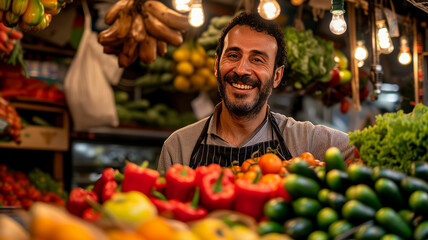 Cheerful man selling vegetables.