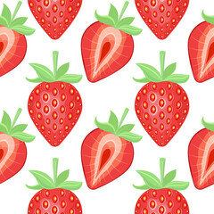 Seamless pattern of half and whole strawberries with green leaves. Vector illustration on white background.
