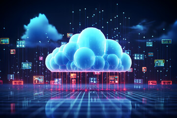Digital data processing in the virtual cloud abstract background. Glowing digital cloud with pixels, lines, connectivity, and data flow in the virtual world. Cloud computing Background.