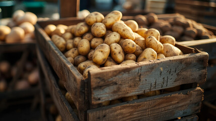 A box full of potatoes at the local market.