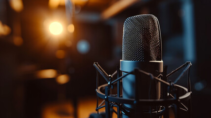 Close-up of a microphone in a recording studio