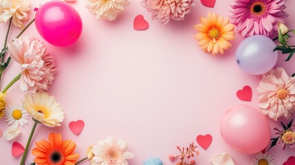 Valentine's Day background with balloons, a flower, and a blank area. Valentine’s Day concept. Flat lay, copy space