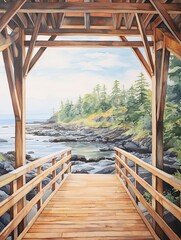 Quaint Covered Bridge Scenes: Coastal Art Print of Seaside Wooden Crossing