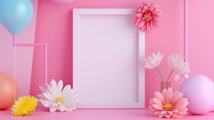 Valentine's Day background with a blank frame, a flower, a balloons, in 3D. Valentine’s Day concept. Flat lay, copy space