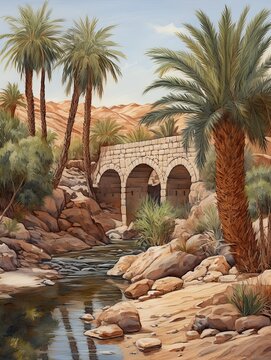 Quaint Covered Bridge Scenes: Desert Oasis Bridge Art in Breathtaking Landscapes