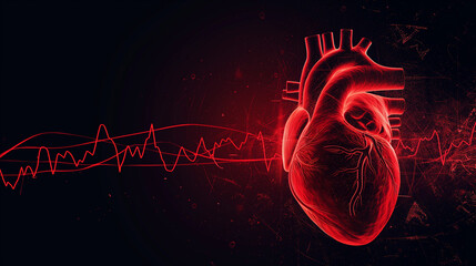 Abstract human heart shape with red cardio pulse line. Creative stylized red heart cardiogram with human heart on black background. Health, cardiology, cardiovascular diseases concept.