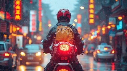A Chinese man carrying a backpack and riding a motorcycle on the streets of China