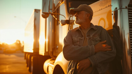 An experienced male driver next to his truck.