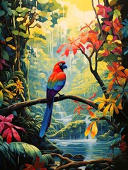 Vibrant Rainforest Animal Illustrations: Acrylic Landscape Art Pays Homage to Lush Rainforests.
