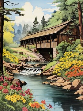 Quaint Covered Bridge Scenes: Vintage Art Print and Historic Bridge Representation